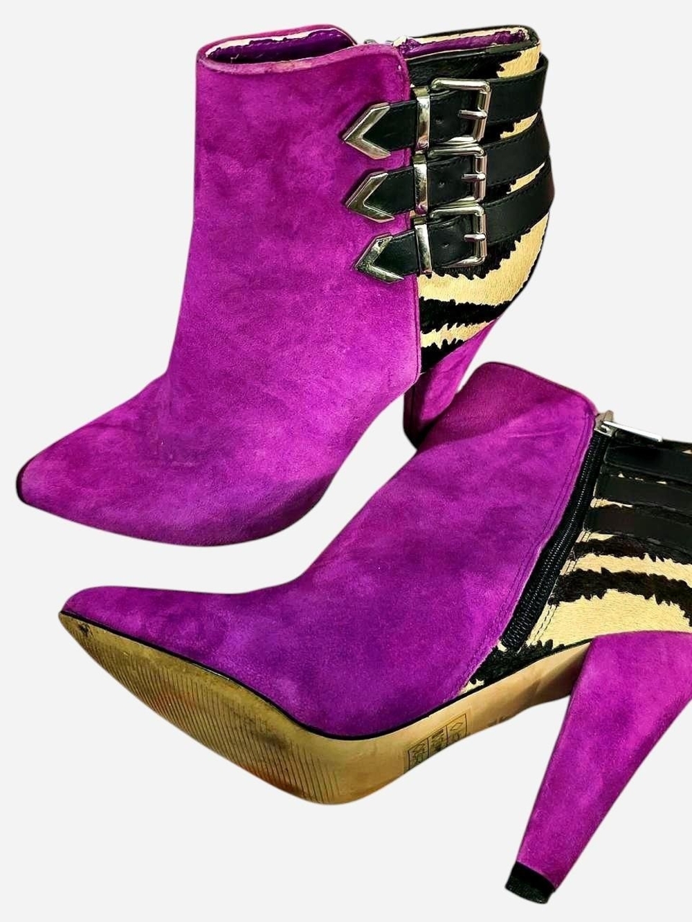 DV Dolce Vita Purple Animal Print Triple Buckle Zip Up Heeled Suede Ankle Boots